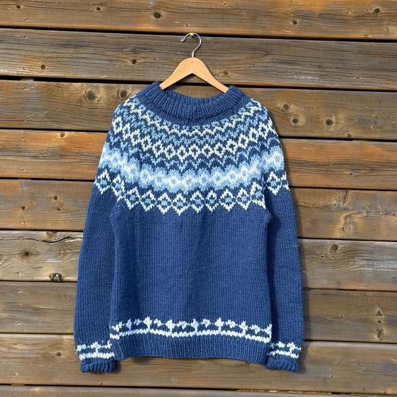 Handmade Sweaters - Navy and White fair isle yolk handknit Sweater
